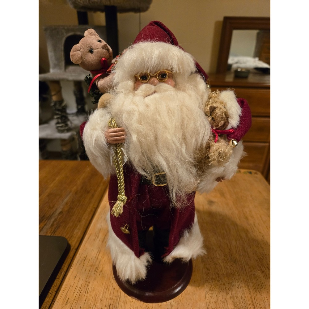 Vintage Santa‎ Claus Figurine Burgundy Robe Wooden Base Teddy Bears Christmas